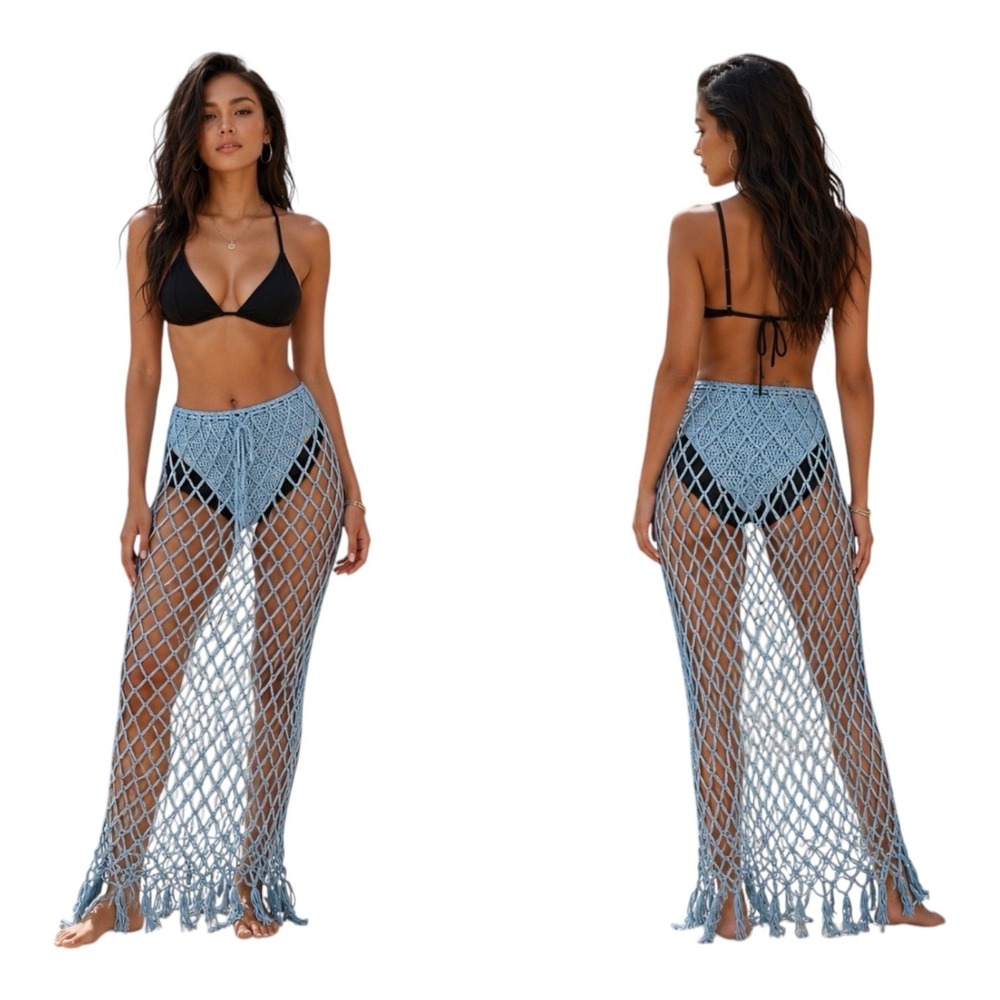 Crochet Fishnet Maxi Cover Up Skirt Blue Fringe Beach Resort Boho Festival S
